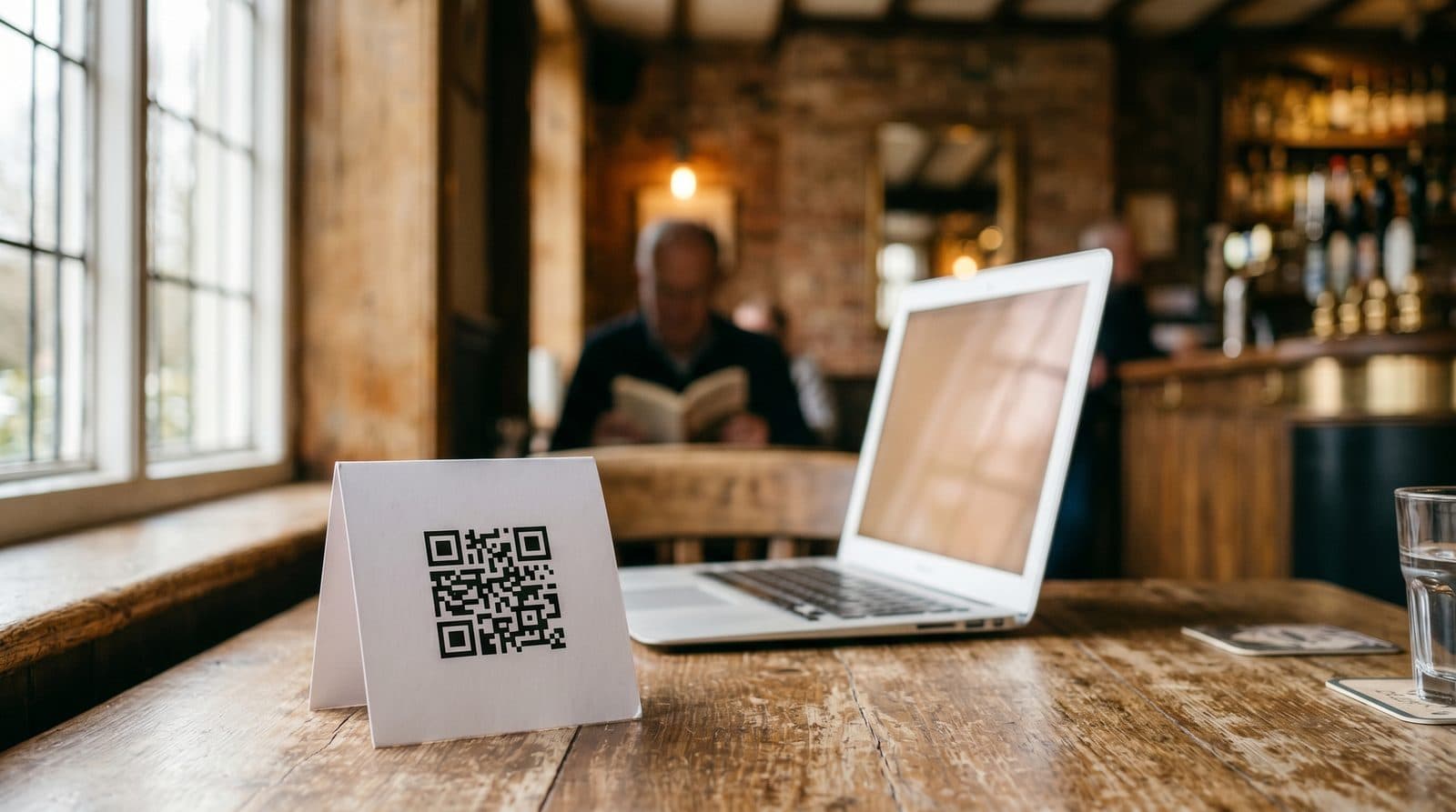 A printed HopDesk QR sign on a pub table